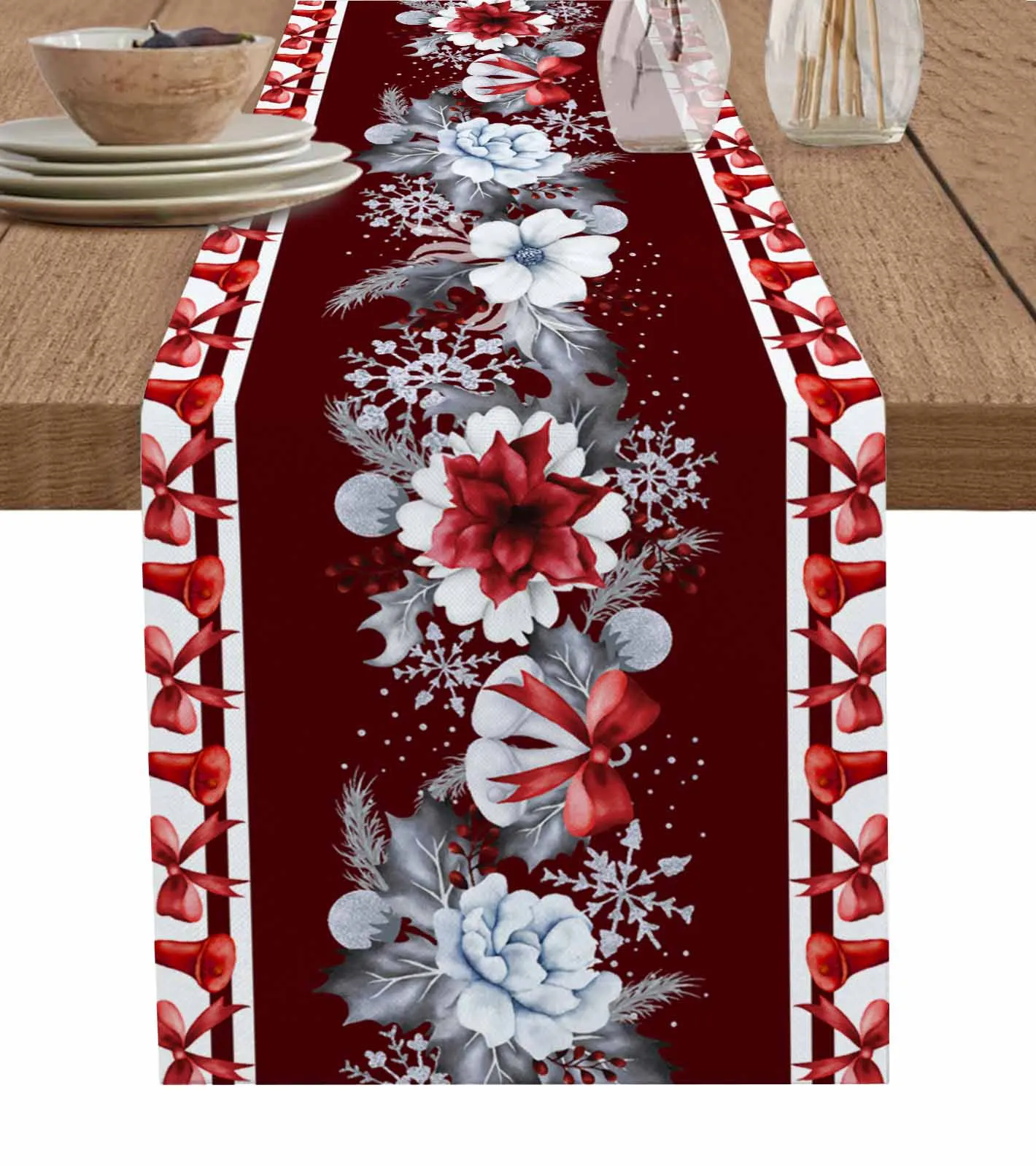 

Christmas Bow Flower Bell Table Runner Wedding Decor Table Runner Holiday Dining Table Decor Linen Tablecloth