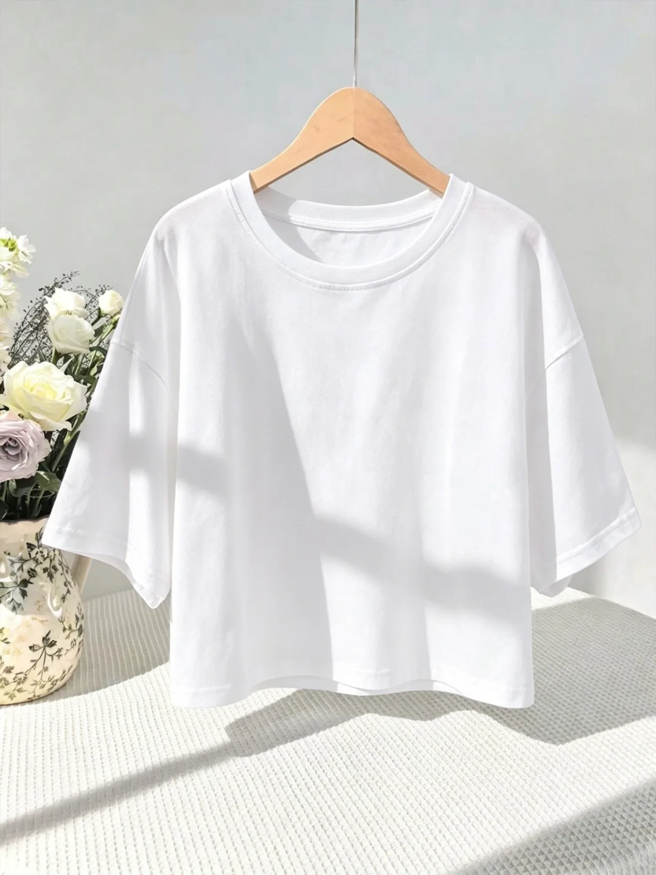 2PCS Women Crop T-shirt Pure Cotton Crew Neck Short Sleeve Oversize Fit Soft Breathable Summer Black White Solid Color Fashion Casual Set Top