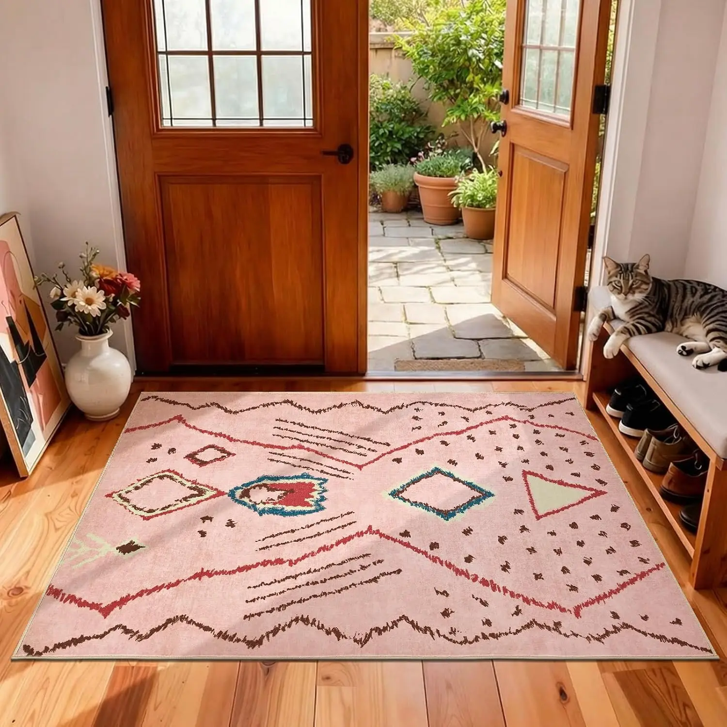 Pink Geometric Boho Rug, Non-Slip Accent Mat for Entryway Kitchen Bathroom, Modern Cozy Floor Decor