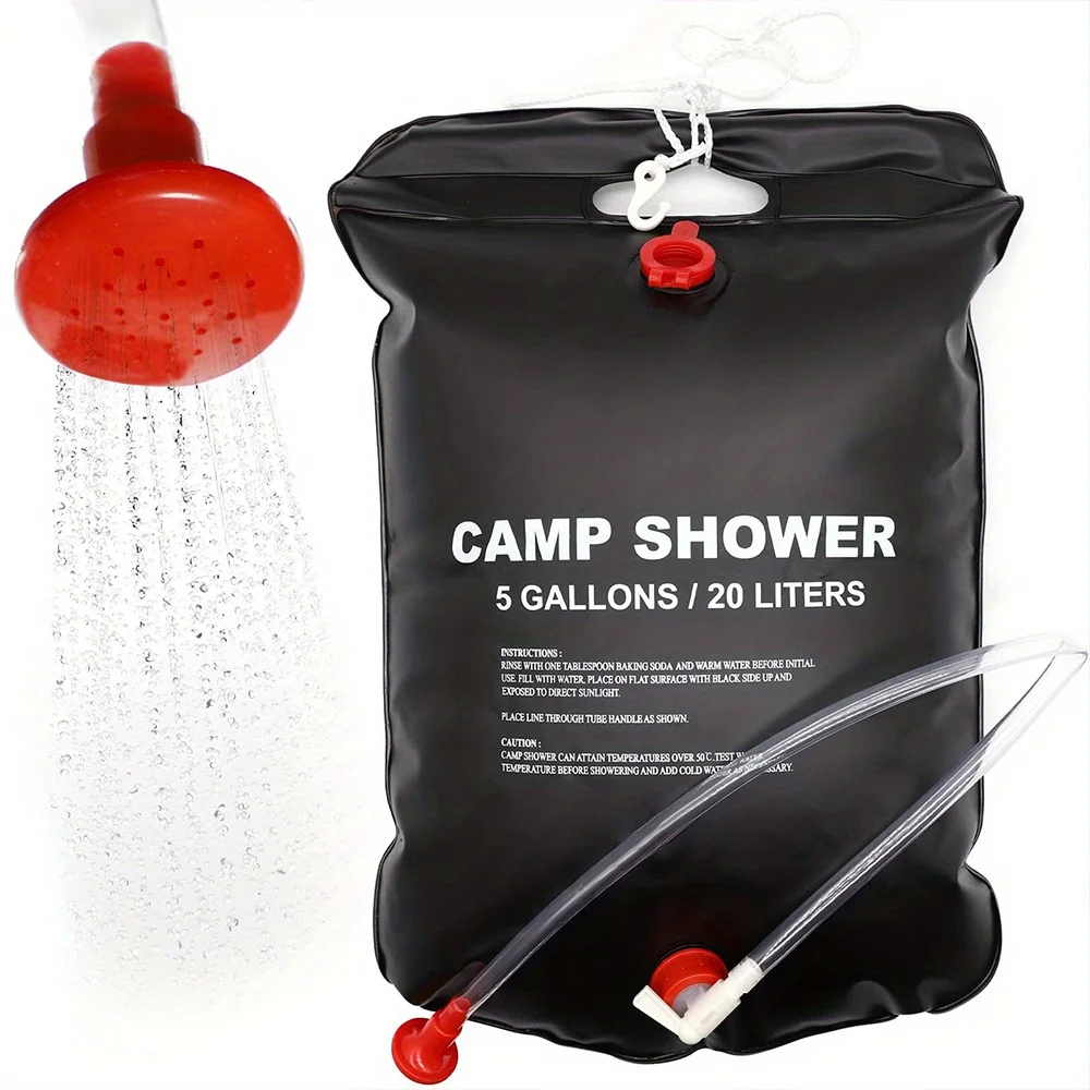 5.28-gallon portable camping shower kit with detachable hose and a switch shower head, perfect for outdoor camping and travel