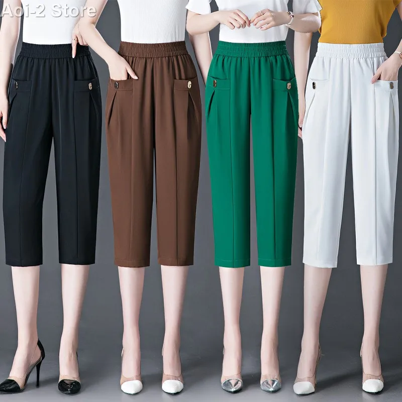 

Plus Size Seven Point Harlan Pants Women 2024 Summer New High Waist Elastiness Loose Thin Fashion Commuter Straight Trousers 4XL