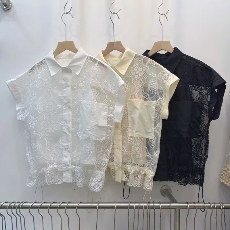Korean Style Loose Fit Short Sleeve Shirt Women's Turn-down Collar Embroidered Lace Slimming Drawstring Top Summer New Arrival