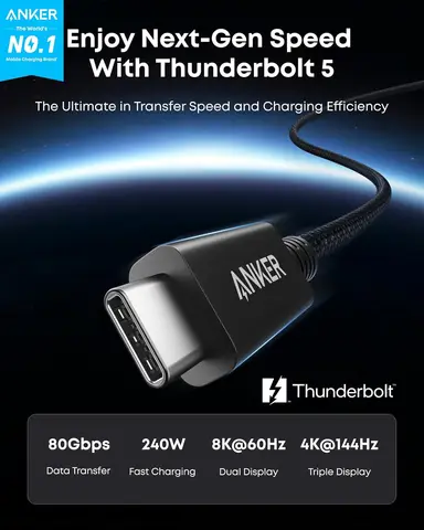 Кабель Anker Prime Thunderbolt 5, 3,3 фута, USB-C - USB-C, зарядка 240 Вт, передача данных 80 Гбит/с, полнодополнительная ширина полосы пропускания до 120 Гбит/с