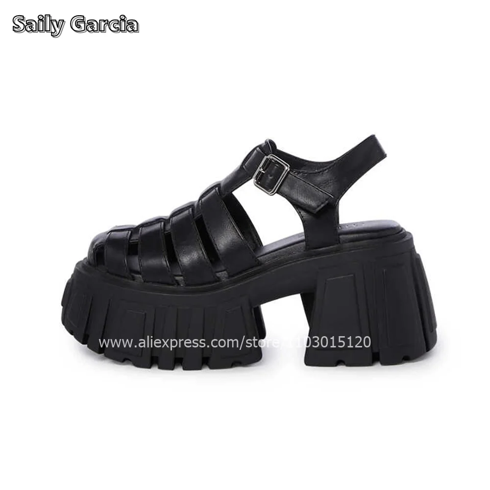 Punk Style Thick Sole Buckle Strap Hollow Roman Style Sandals Retro All-Match Casual Shoes Round Toe Breathable 10CM Heel Sandal