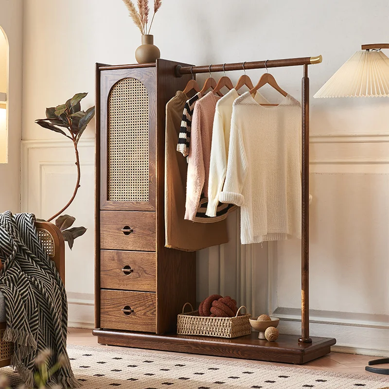 Retro solid wood coat rack South East Asia B & B Multifunctional rattan floor-to-ceiling hanger with drawer storage cabinet