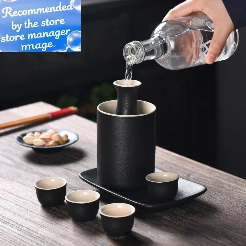 Ceramic Japanese Wine Warmer Tray, 1 Sake Bottle, 1 Warmer Pot, 4 Cups for Hot or Cold Wine, Mug Set, 7Pcs