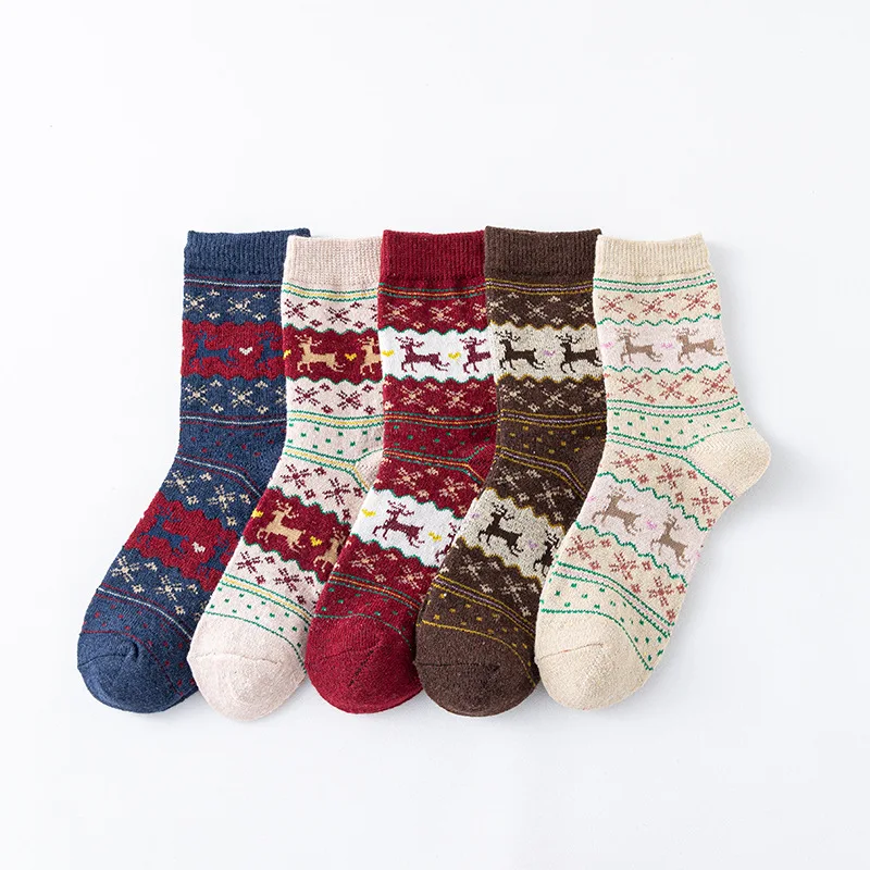 Paquete de 5 pares de calcetines navideños de lana a media pantorrilla, calcetines divertidos y lindos, patrones de Papá Noel y renos, cálidos para otoño e invierno