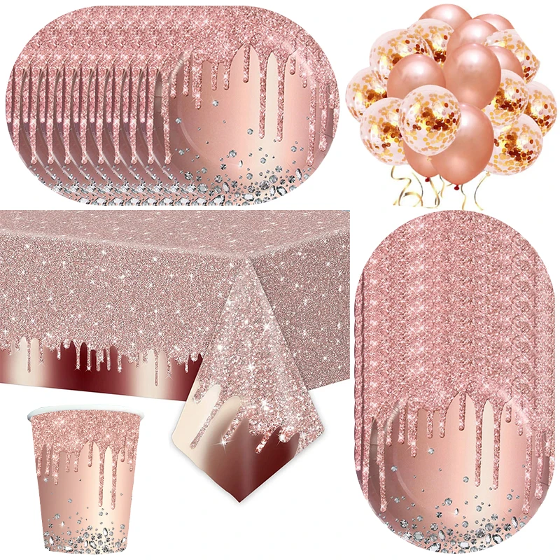 الوردي الوردي الذهب لوازم حفلات الزفاف حفلة عيد ميلاد الديكور الماس بريق نمط ورقة كأس لوحة الكبار فتاة غطاء المائدة #1