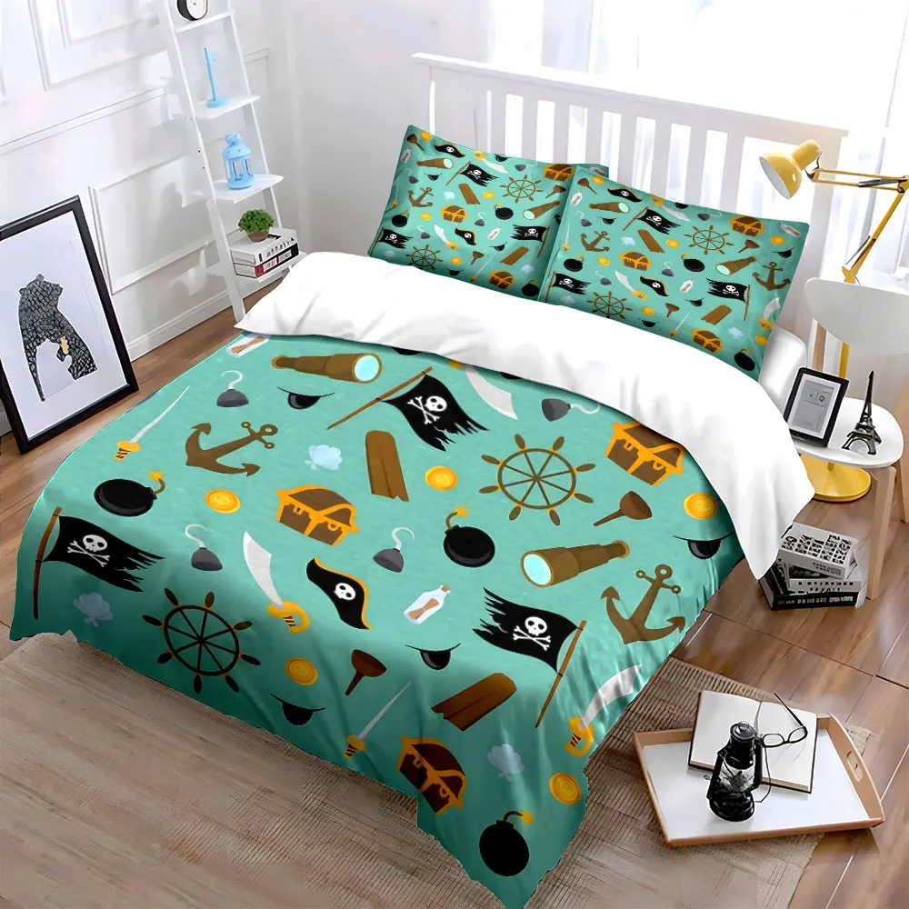 Pirate Theme Decorations Set Soft Skin-Friendly Bedding Set Includes 1 Duvet Cover And 2 Pillowcase, Gift