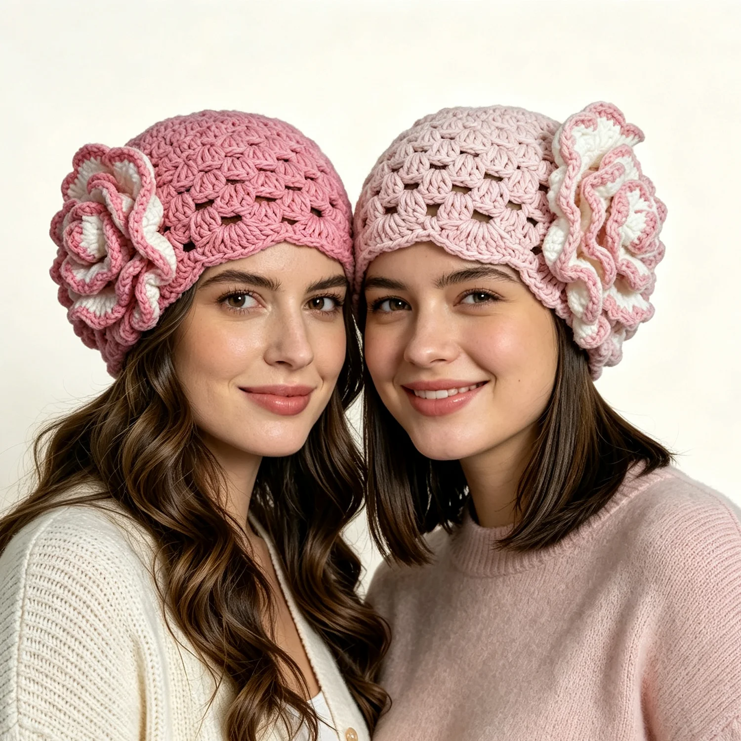 Women Crochet Flower Beanies Hat Handmade Hollow Mesh Knit Cap Winter 3d Large Side Floral Decor Boho Party Headwear For Ladies
