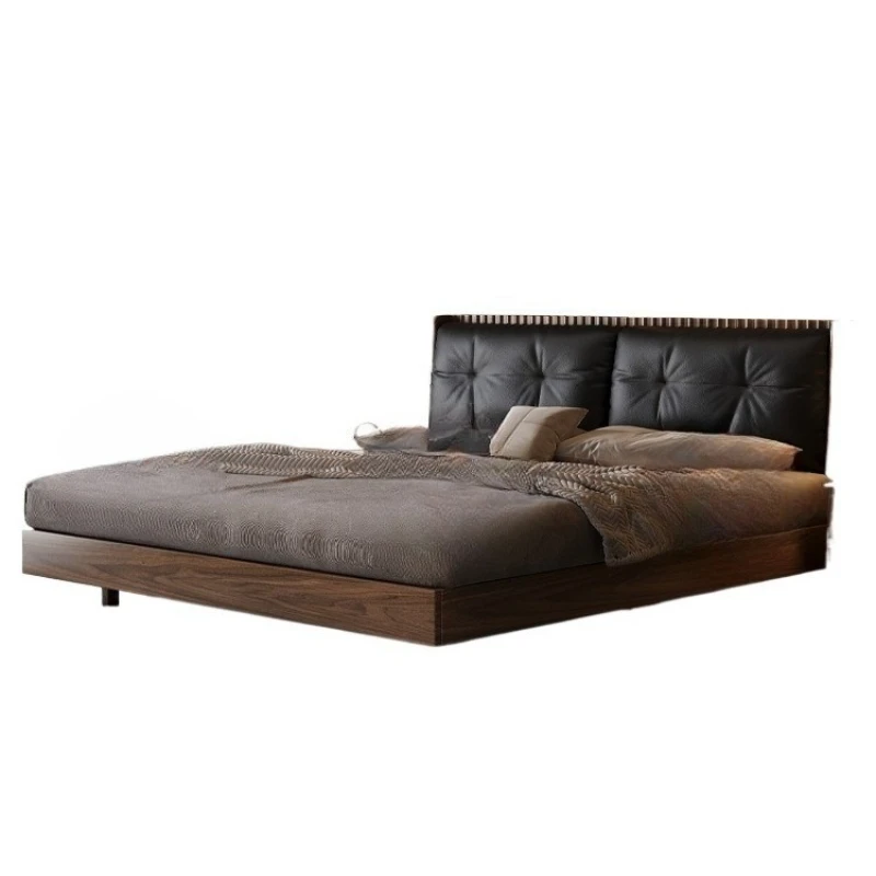

Black walnut soft bag solid wood bed modern extreme top layer cowhide master bedroom