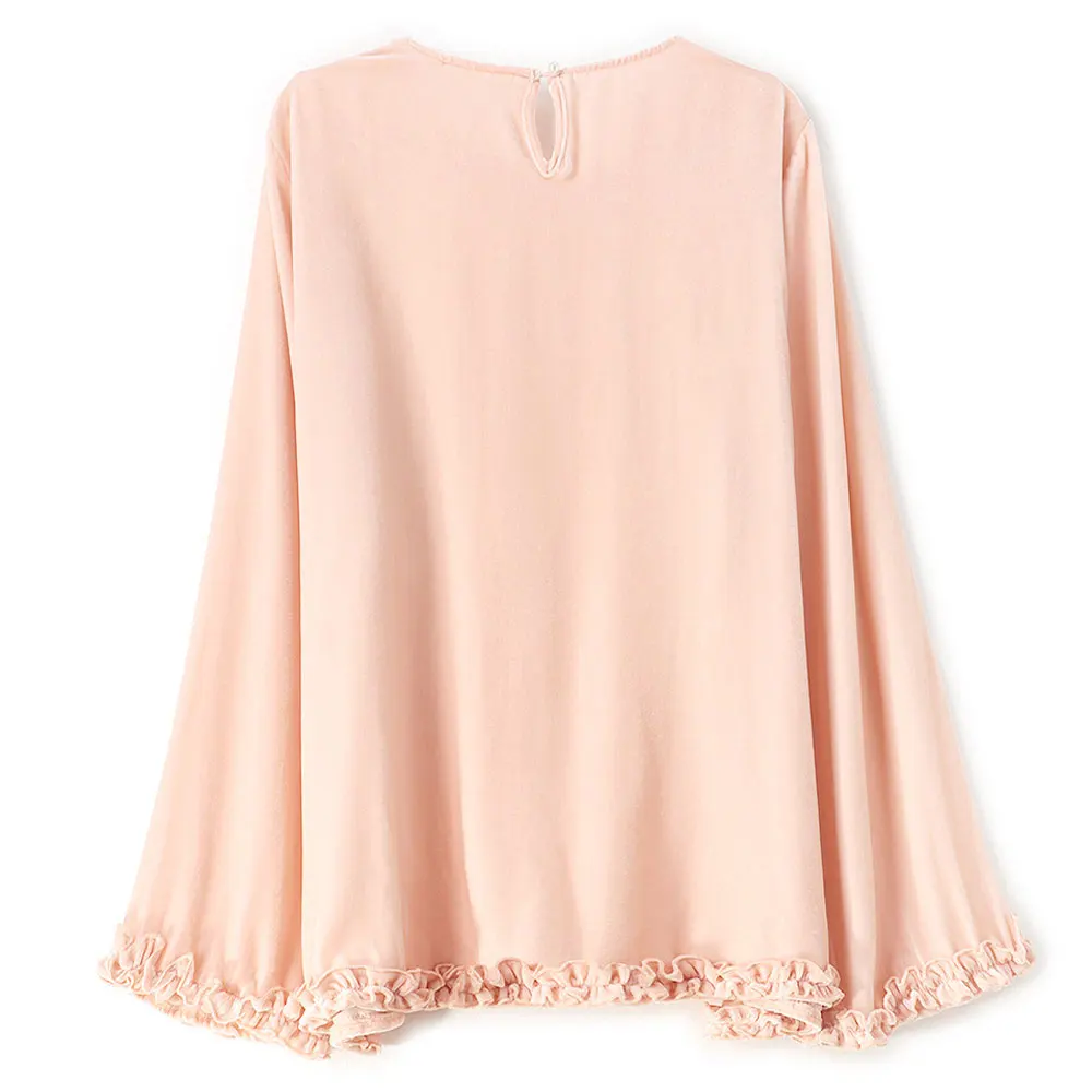 BirdTree-Silk Velvet Elegant T-Shirt, O Neck Long Sleeve Ruffles, Women French OL Commute Loose Tops, 2026 Autumn New T68859CC