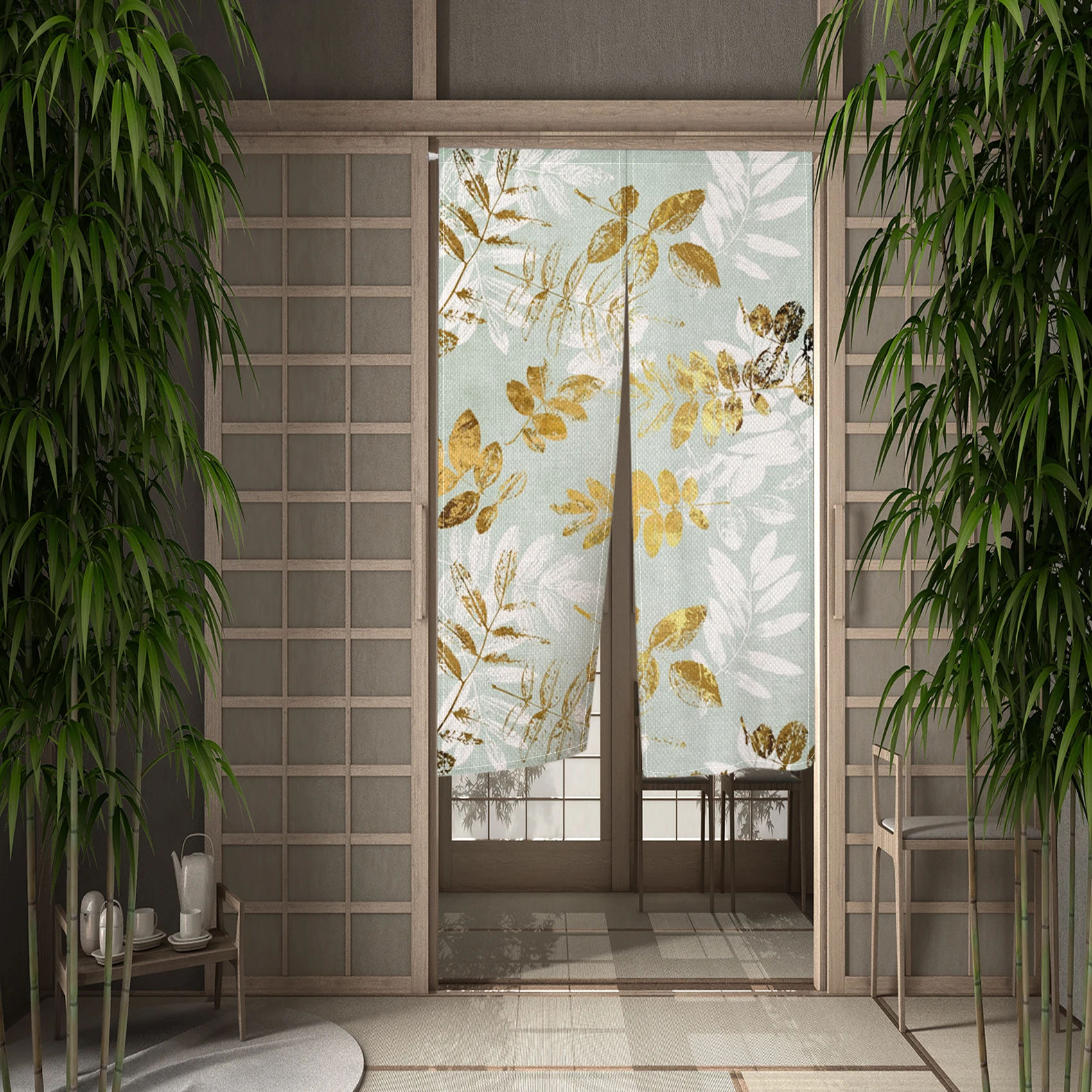 Golden Leaves Flowers Door Curtains Art Japanese Doorway Living Room Partition Curtains Drape Entrance Hanging Half-Curtain Prop