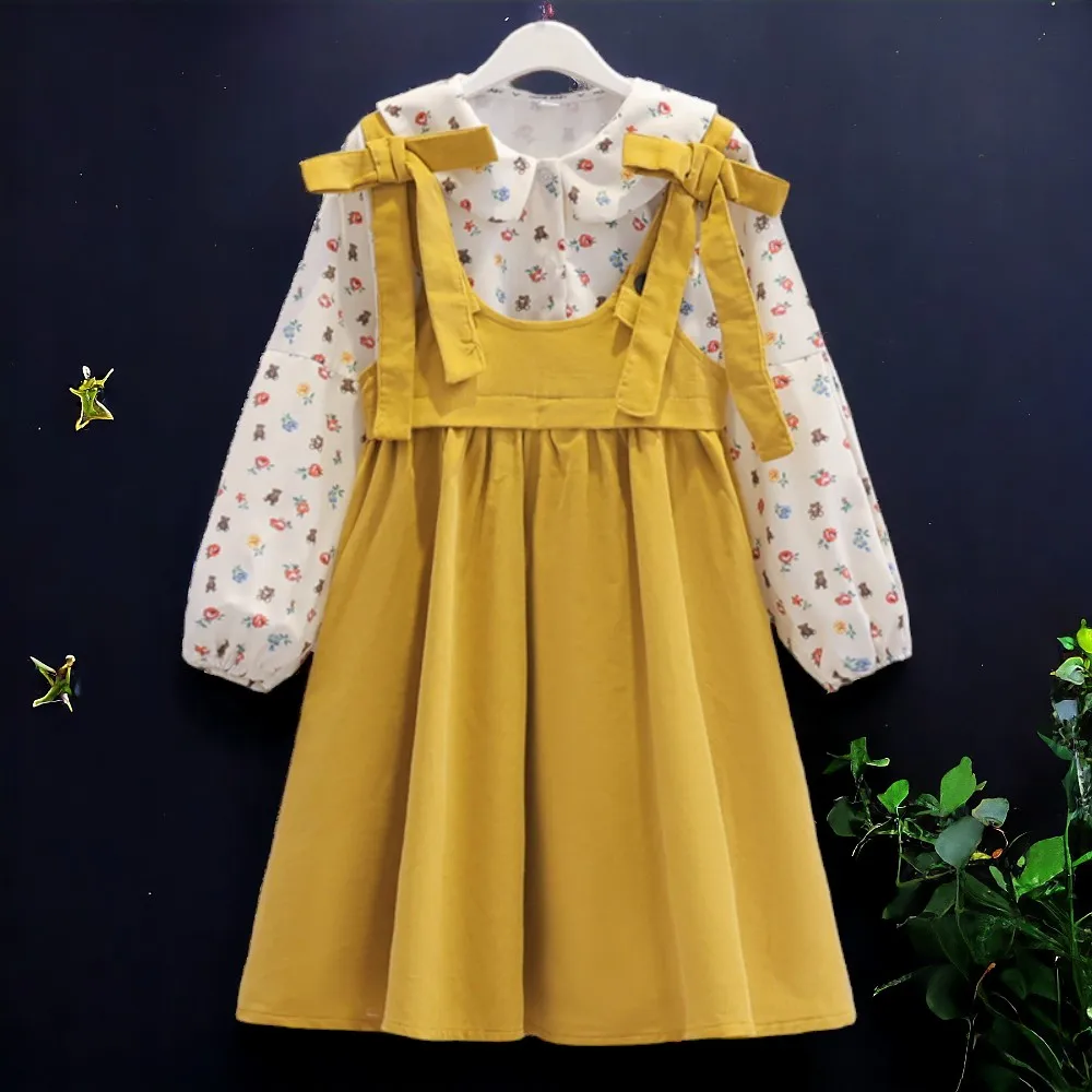 Girls Flower Dresses & Shirt 2pcs Set Kids Outfits Back to School Uniform Party Dress Autumn Children Costumes 5 7 9 11 13 Years