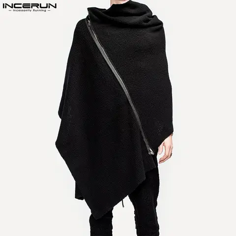 INCERUN 남성용 롱 트렌치 S-5XL 망토 코트, 단색 터틀넥 지퍼, 2023 불규칙 판초 스트리트웨어, 캐주얼 패션