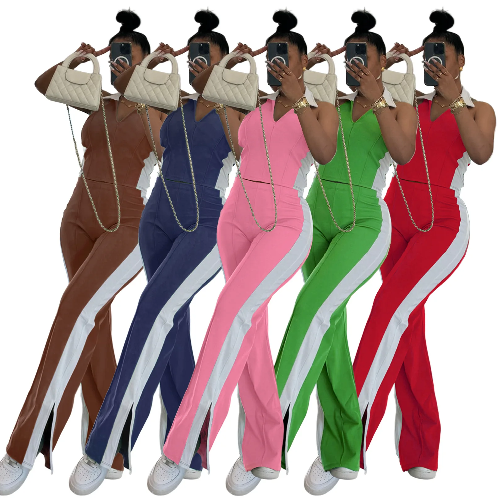 

Лето 2022, контрастный цвет, повседневная футболка из двух предметов, модная футболка-поло без рукавов и брюки, клубный спортивный брючный костюм