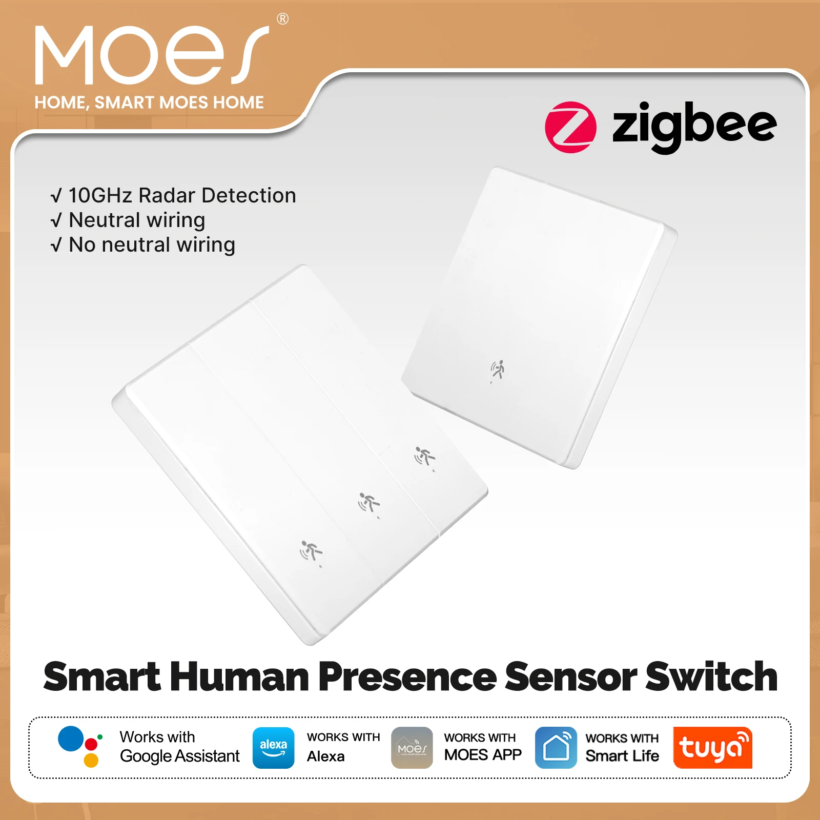 

MOES Tuya ZigBee Smart Human Presence mmWave Радарный датчик Настенный выключатель света работает с Alexa Google Home Нейтральный провод Опционально