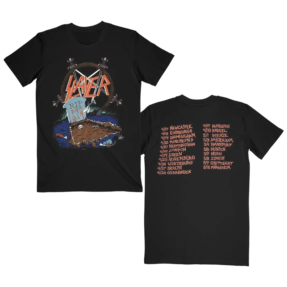 Slayer Vintage Europe Tour Artwork Print T‑Shirt, Shows Front Striking Pentagram Tomb Island Cartoon Graphic and Retro Tour