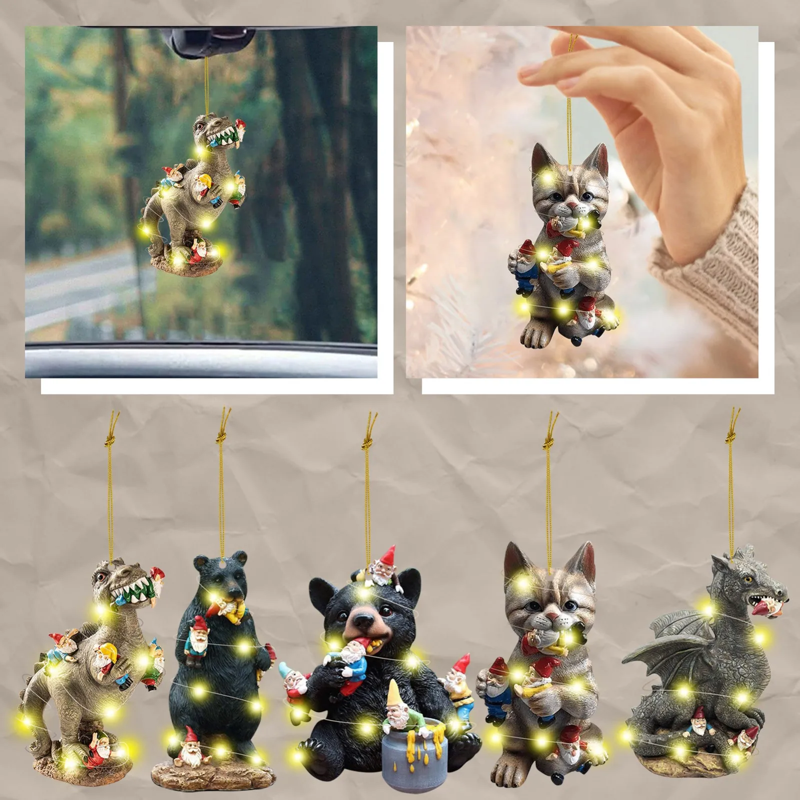 Animal Eat Gnome Ornaments Christmas Outdoor Decorations Pendant Cat Dinosaur Black Bear Double Sided Acrylic Pendant Gift Toys