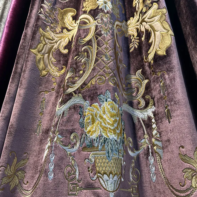 Custom European high villa thick luxury Velvet livingroom embroidered lace cloth blackout curtain tulle valance drape M1739