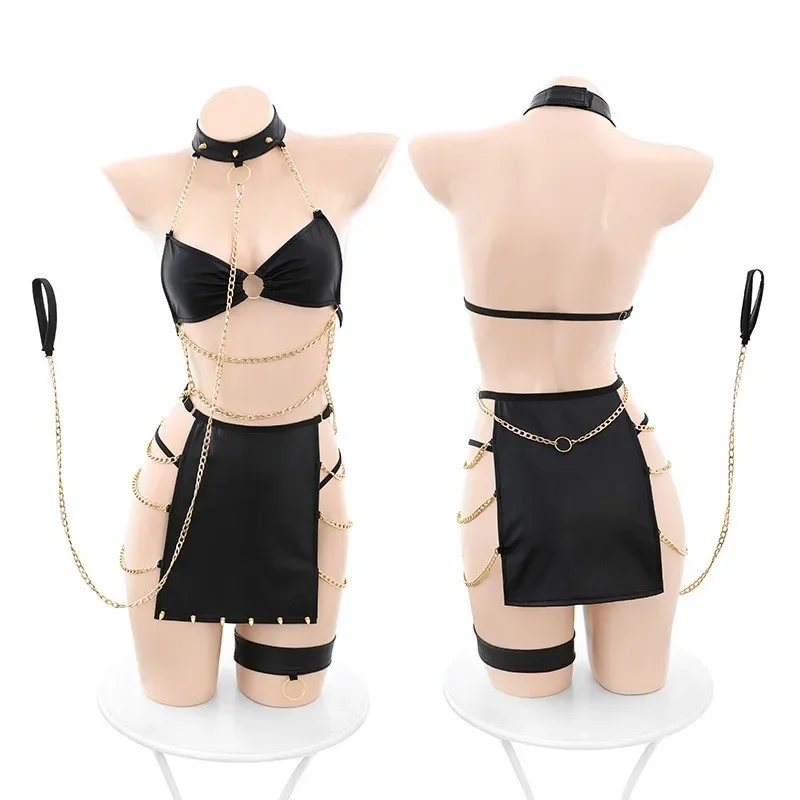 Women Sexy Lingerie Set PU Leather Split Backless Gold Chain Bra with Side-leaking Mini Skirt and Panties Set Devil Cosplay