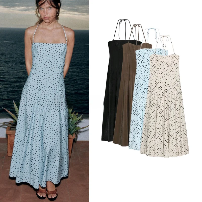 

Spring Summer New Knot Belted Draped Polka Dot Neck Midi Dress Women's Fashion Holiday Style A-Line Skirt Polyester
