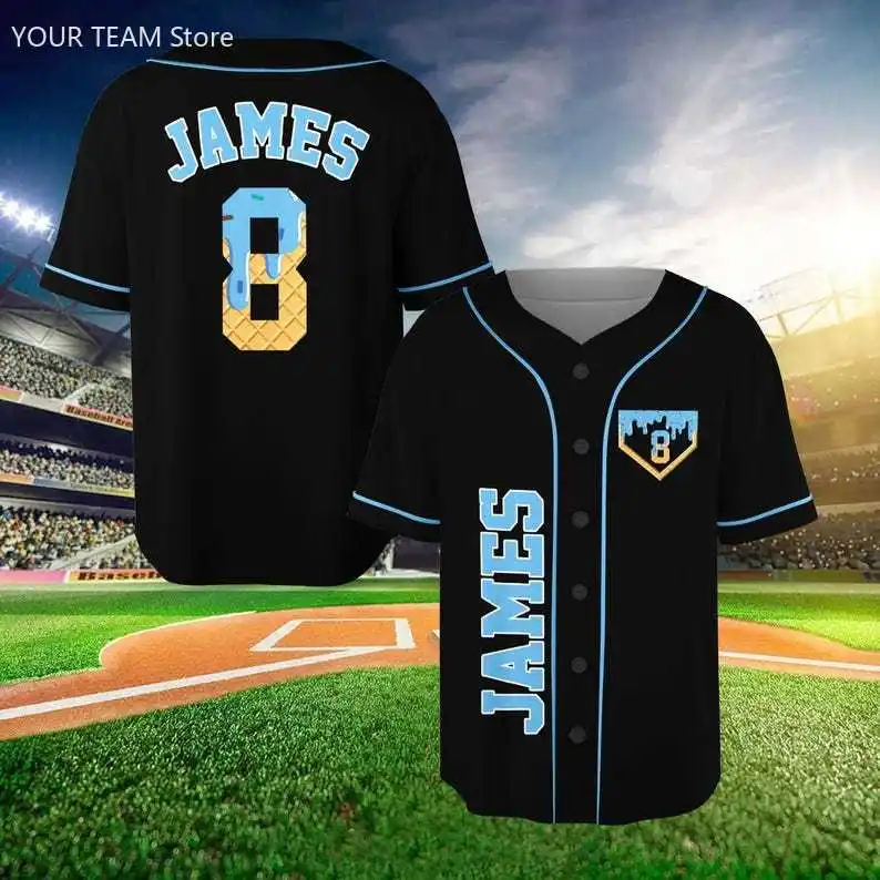 

Personalized Birthday Baseball Jersey Ice Cream Drip Shirt, Ice Cream Waffle Jersey, Custom Baseball Jersey Birthday Gifts