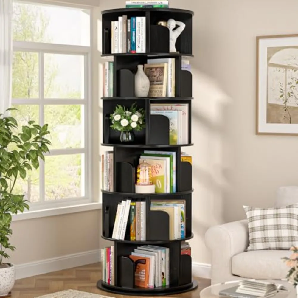 6 Tier Rotating Bookshelf, Wood Spinning Bookshelf Tower, Round Revolving 360 Bookcase, Narrow Turning Book Shelf