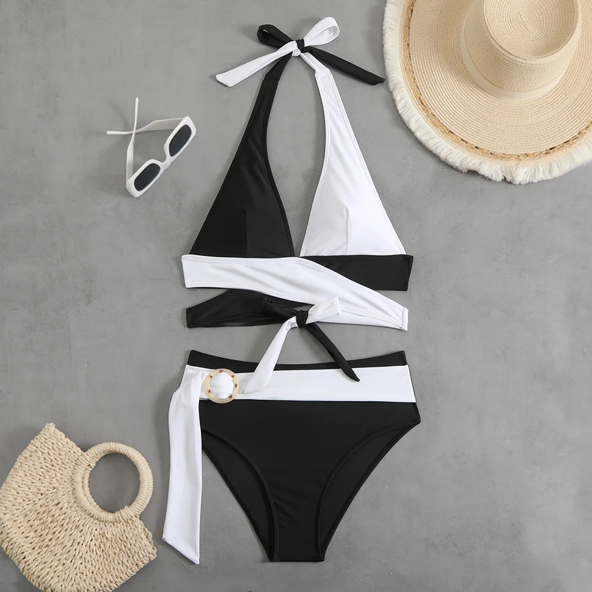 

2025 Halter Bandage Bikinis Color Block Swimsuit Women High Waist Swimwear Female Bathers Bathing Swimming Swim Suit Beachwear