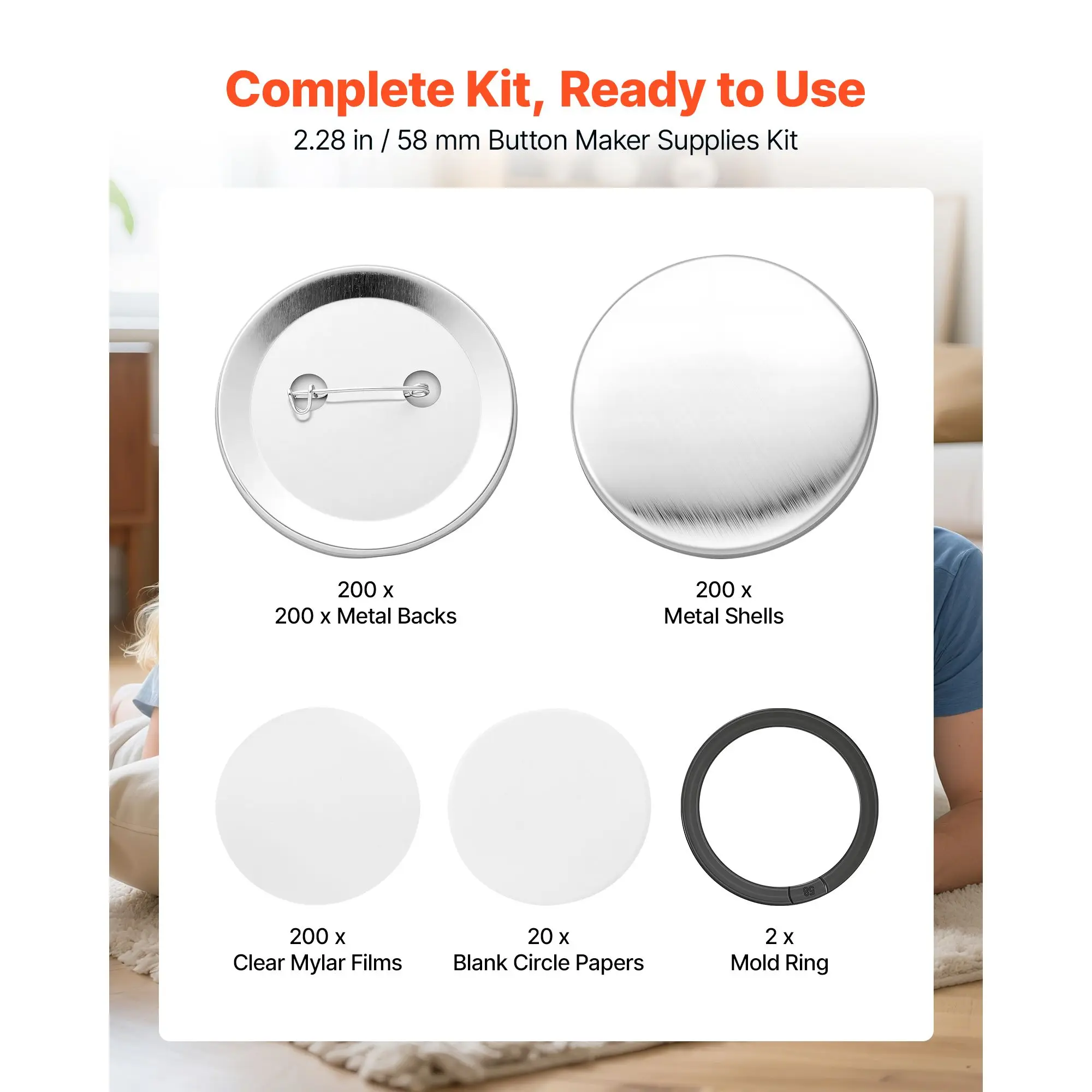 Button Maker Supplies 200 Sets 2.28 in / 58 mm Pin Back Button Parts, with Metal Backs, Metal Shells, Clear Mylar Films, and Blank Circle Papers, for Home DIY, School Events, and Custom Studio