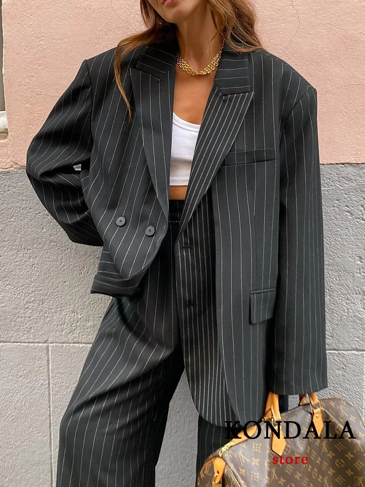 KONDALA Casual Office Lady Blazer Women Striped V Neck Pockets Long Sleeve Single Breasted Long Jacket Fashion 2023 Autumn Coats