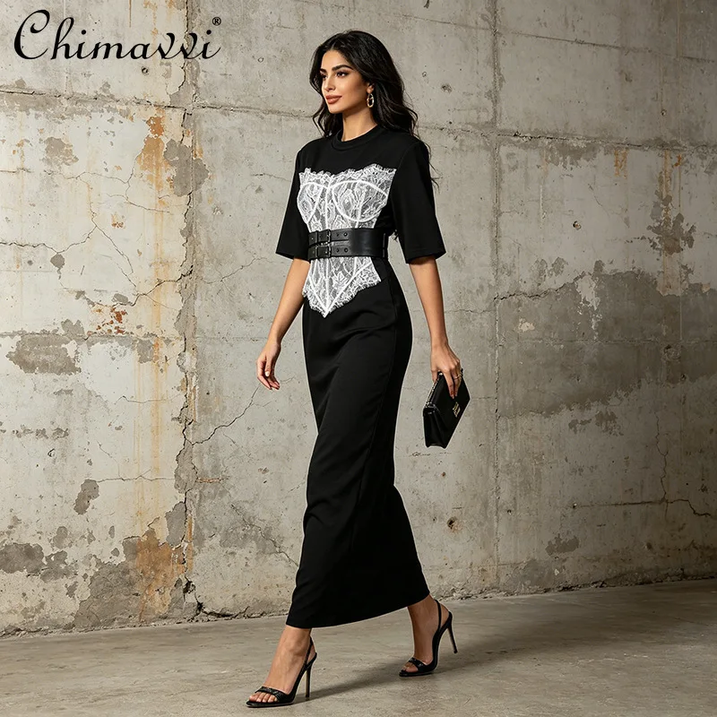 

American Elegant Fashion Lace Splicing Long Dresses Crew Neck Short Sleeve Belt Slim Fit Hip-Wrapped Black Evening Dress Women