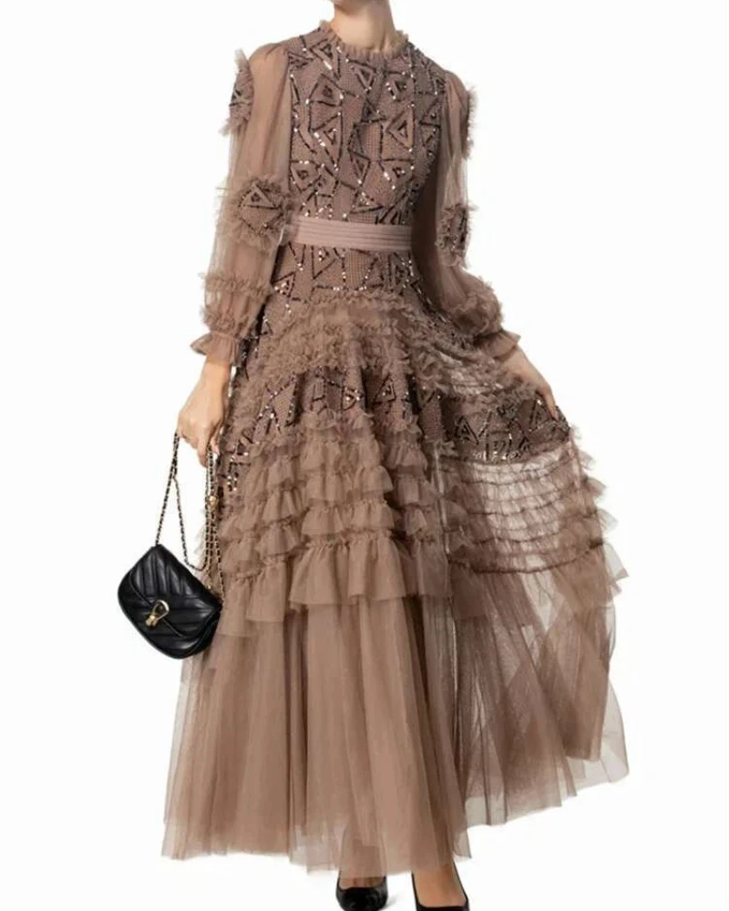 European and American Socialite Spring/Summer 2025 Luxury Sequin Nail Bead Ruffle Fluffy Princess Style Long Performance Dress