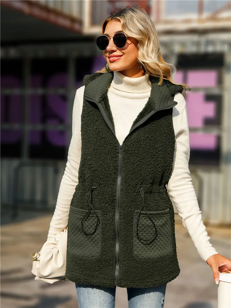 Winter Women Teddy Sweater Sherpa Fleece Vest Hooded Puffy Zipper Cardigan Patch Pockets Mid Long Tops Fluffy Warm Sweatshirts