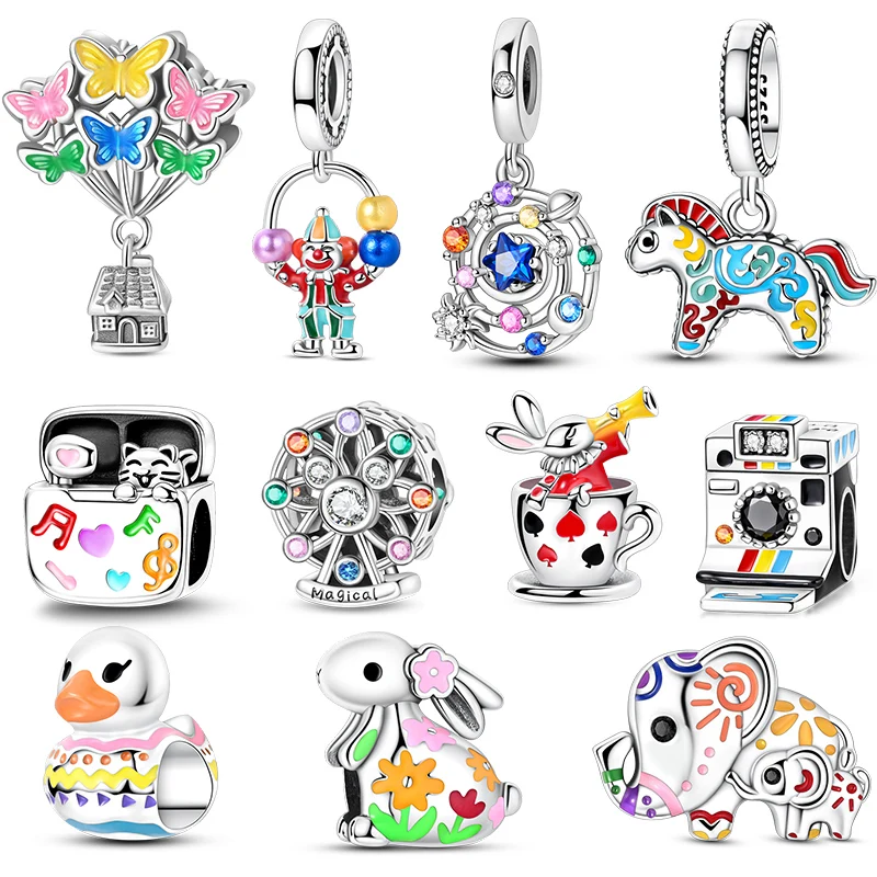 925 Sterling Silver Clown Elephant Camera Butterfly Balloon House Colorful Charms Beads Fit Original Bracelet Women DIY Jewelry