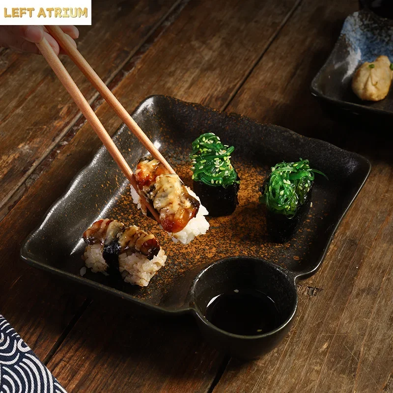 1PC Dumpling Plate Japanese Ceramic Household with Vinegar Plate Grid Plate Creative Hotel Restaurant Square Dumplings