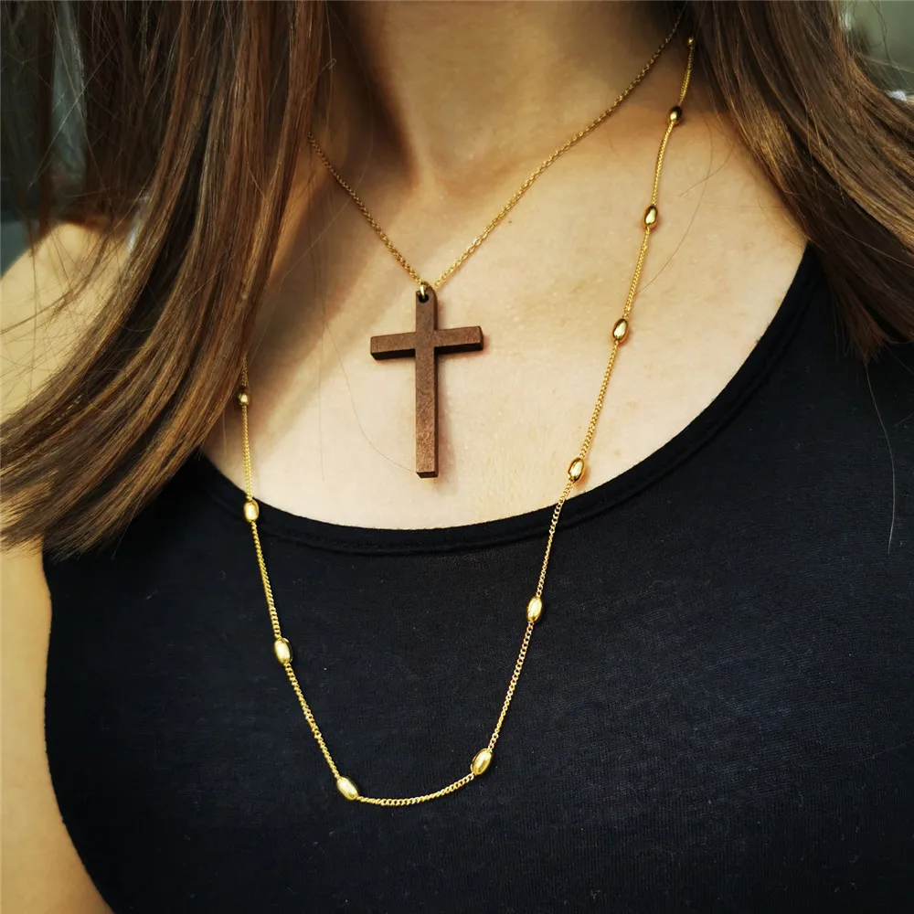 MisenBaBa Vintage Stainless Steel Wooden Cross Pendant Necklace for Women Fashion Wood Necklaces Religious Catholic Jewelry