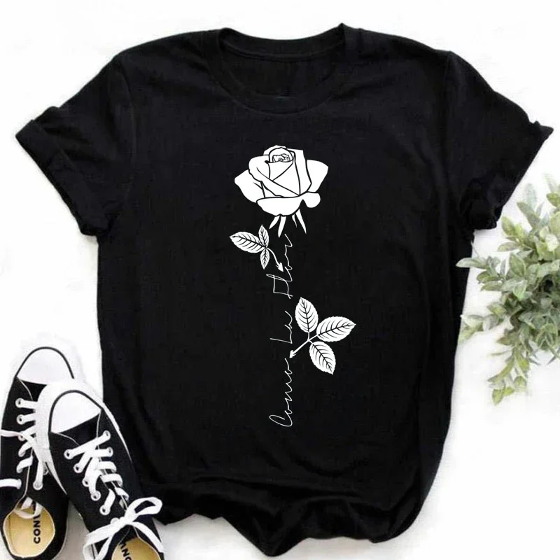 Camiseta con estampado de rosa dorada para mujer, ropa Harajuku de manga corta, informal, con cuello redondo, negra, talla grande, nueva moda