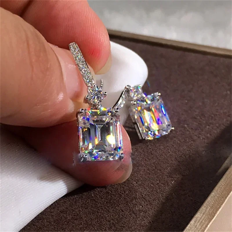 Elegant Cuboid Zircon Dangle Earrings - Sparkling Silver Plated Jewelry for Banquets and Special Occasions