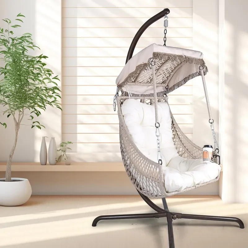 Beige Outdoor Swing Chair With Cushion Wicker Rattan Frame Hanging Cup Holder Patio Furniture For Indoor Outdoor Use