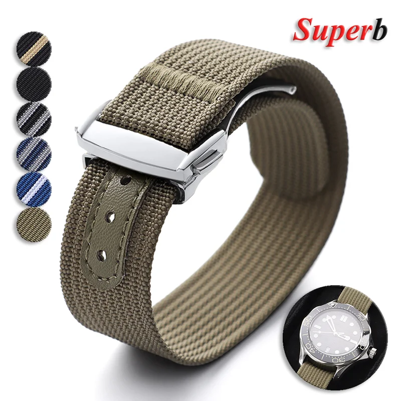 

20mm Ribbed Nylon Watch Strap for Seiko Loop Watch Band for Omega Men Women Bracelet Military Sport Wristbelt Folding Buckle