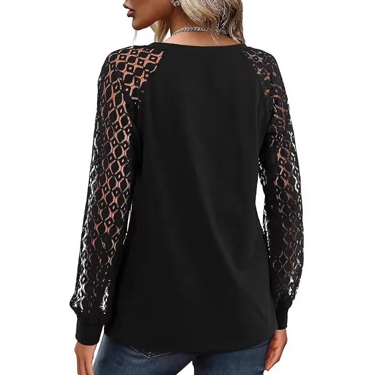 Lace Stitching V-neck Hollow T-shirt Women's Cleanfit Style A-line Sleeve Linen Fabric Other Material T-shirt Ladies' Premium...