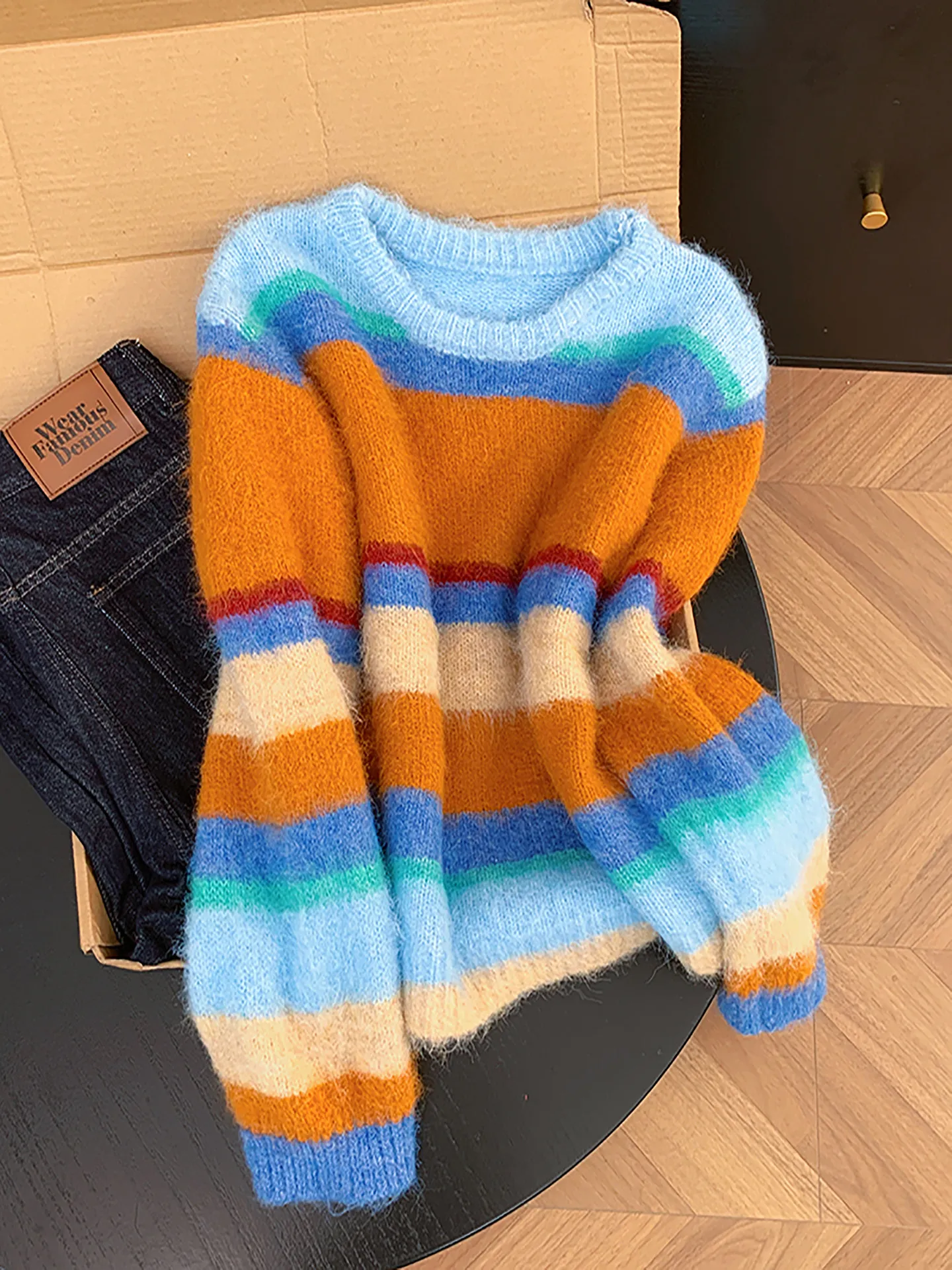 

Полосатый круглый вязаный свитер-толстовка для женщин: мягкий, уютный, модный, повседневный, с эффектом высокого класса