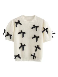 Knitted Pullover Tops for Women, Cute Black Bow Decoration, White Short Sleeve, O-Neck, Casual Elastic Sweaters for Ladies