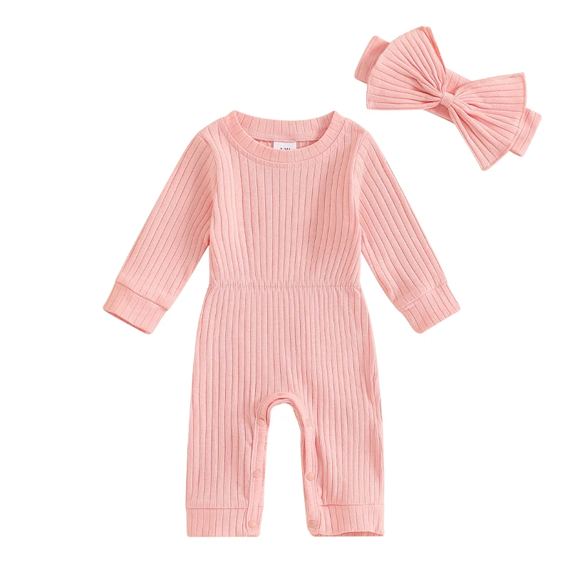 

Newborn Baby Girl Fall Clothes Ribbed Long Sleeve Romper Jumpsuit with Headband Infant 2Pcs Coming Home Outfit