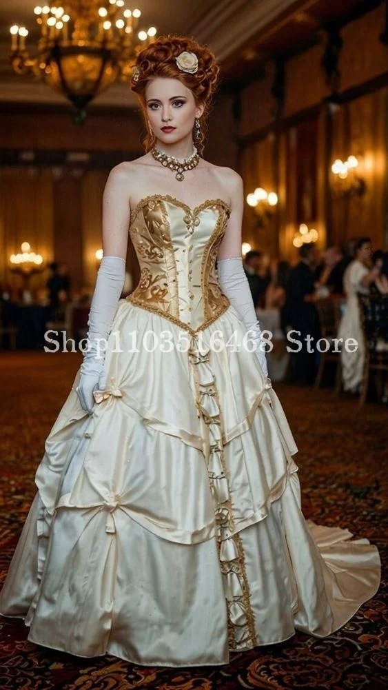 Champagne Vintage Victorian Prom Dress Bustier Corset Satin Applique Pleated Women's Party kleider für besondere anlässe