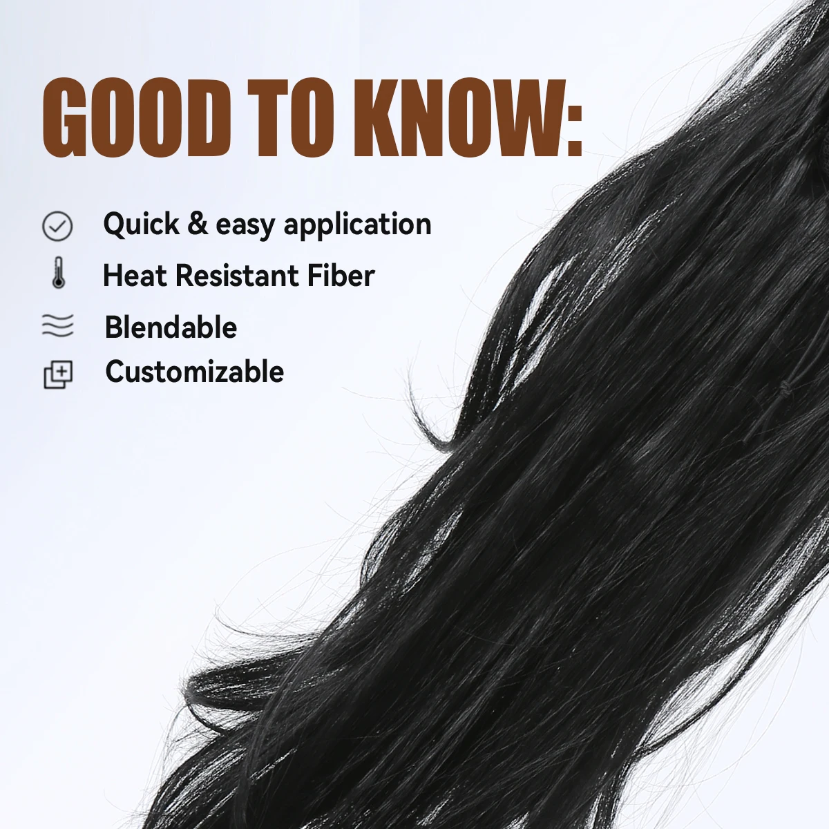 وصلة ذيل حصان صناعية برباط للنساء ، شعر أسود طويل مموج ، ذيول حصان ذات طبقات ، 26" #2