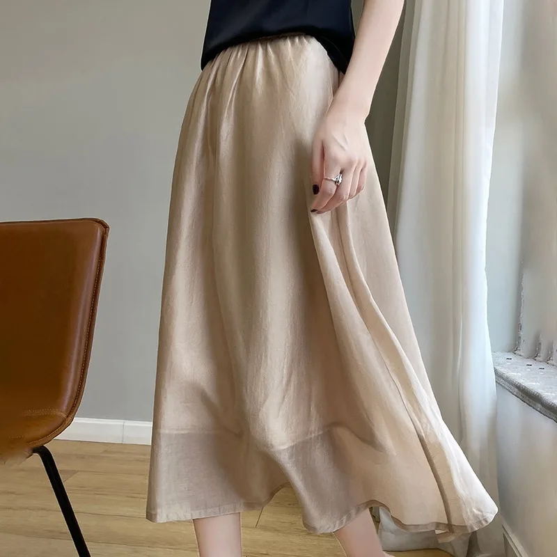 

Summer 2025 Women's High Waist A-Line Midi Skirt Loose Fit Ele Slimming Gauze Pleated Skirt Versatile Faionable Long Skirt