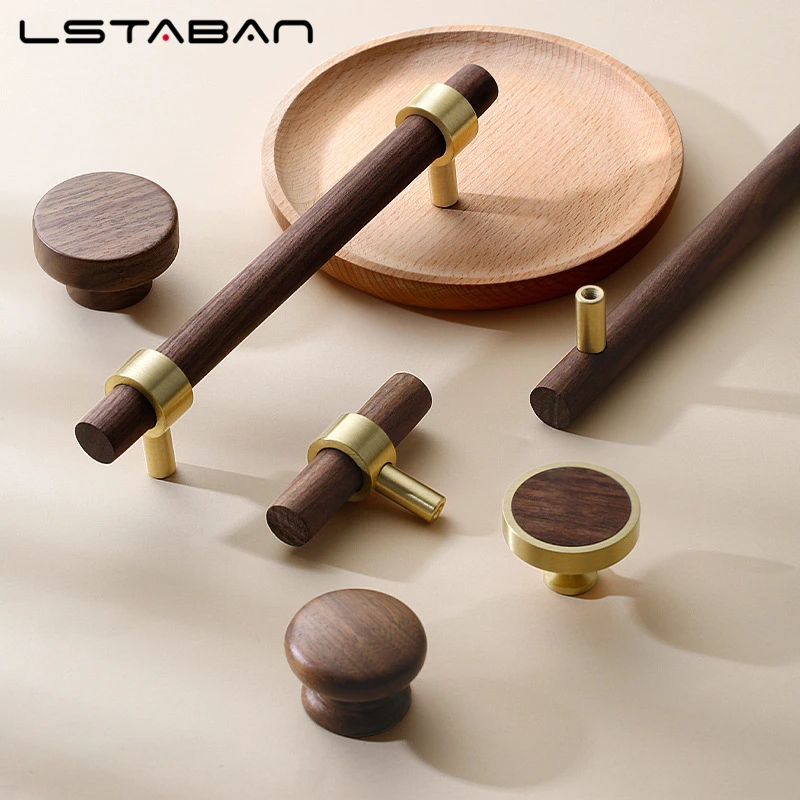 Nordic Pure Copper Kitchen Cabinet Door Handle Solid Walnut Beech Wood Cabinet Drawer Pull Wardrobe Cupboard Furniture Door Knob