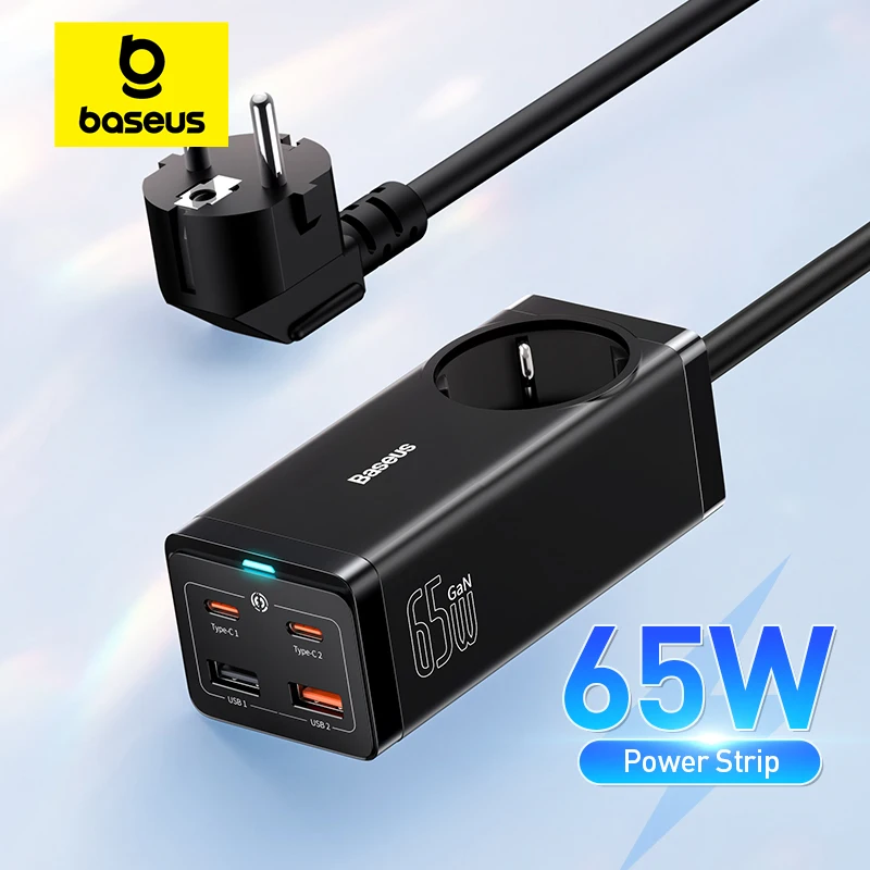 Baseus 65W GaN Charger Power Strip 4 ports Desktop Adapter Fast Charging Station For iPhone 15 14 13 Pro Max Xiaomi Samsung